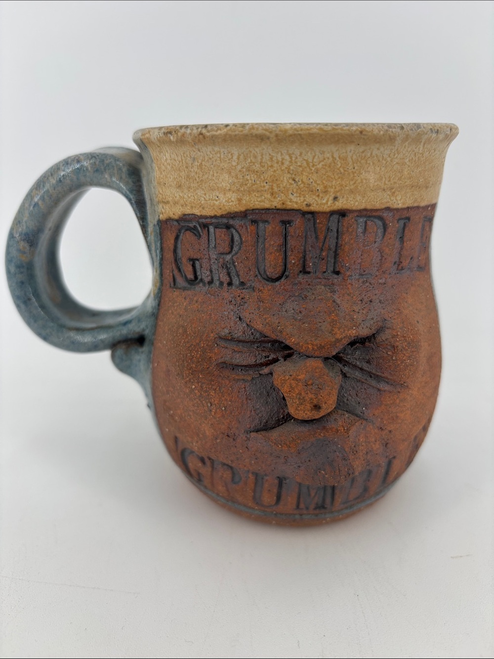 Vintage 1970s ugly face stoneware pottery Mug grumble